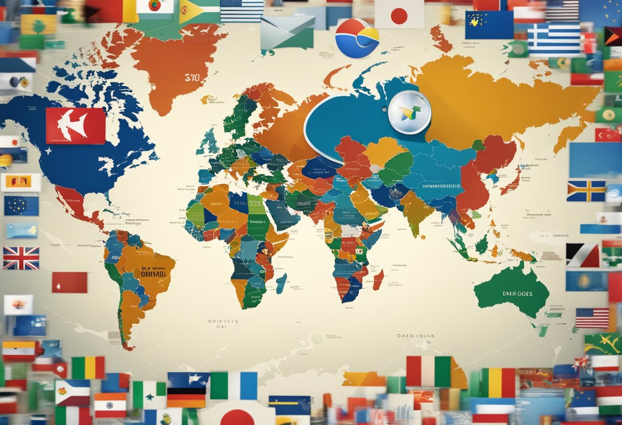 A world map with Google and Bing logos overlaid on different countries, showing successful ad campaigns