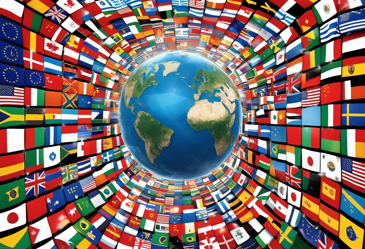 A globe with Google and Bing logos, surrounded by flags of different countries, with arrows pointing towards the globe